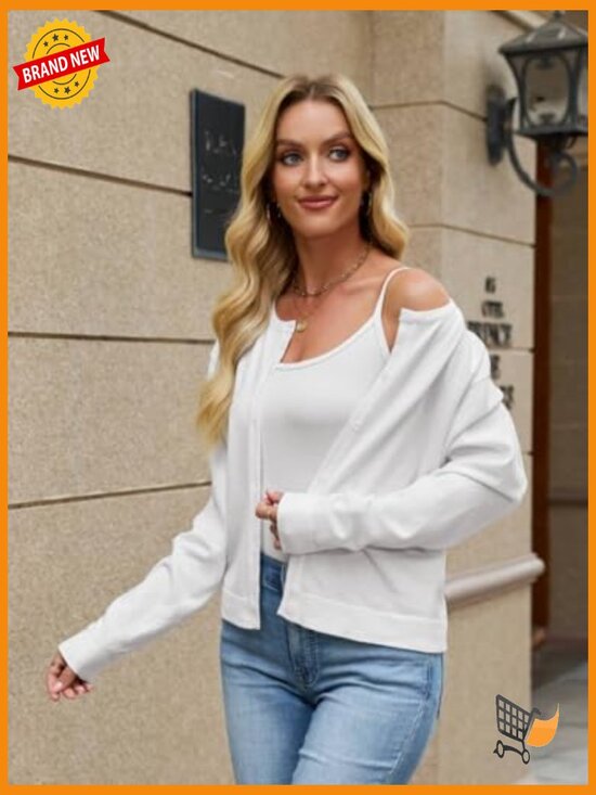 Cropped Cardigan Sweater Lightweight Bolero Shrug Button Down Long Sleeve Top - Picture 5 of 7